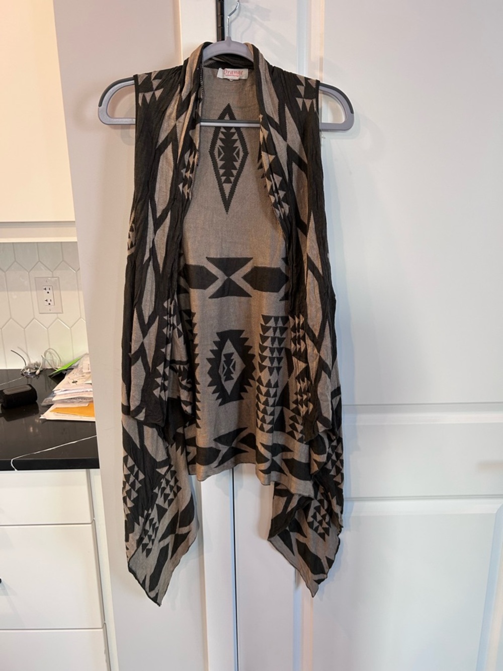 Orange Southwestern Aztec Print Open Cardigan Sleeveless Waterfall Drape Boho